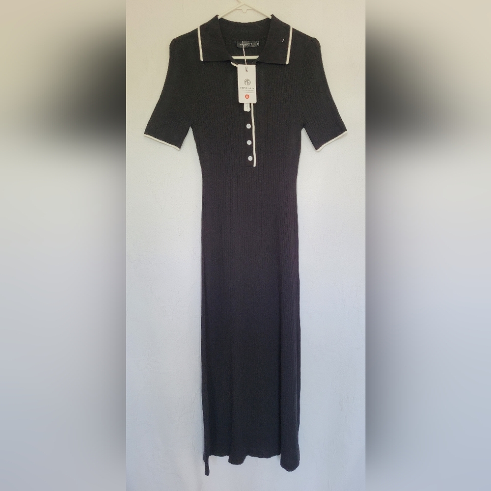 Merokeety Women's V-Neck Black Ribbed Knit Maxi Dress Bodycon Office/Carrer Med - Picture 6 of 16
